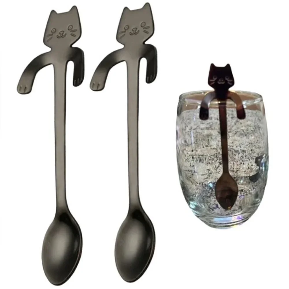 Cat Spoons Tea Spoons Stirrers Cup Hugging Kitty Cats Stainless Black 2 PC Set